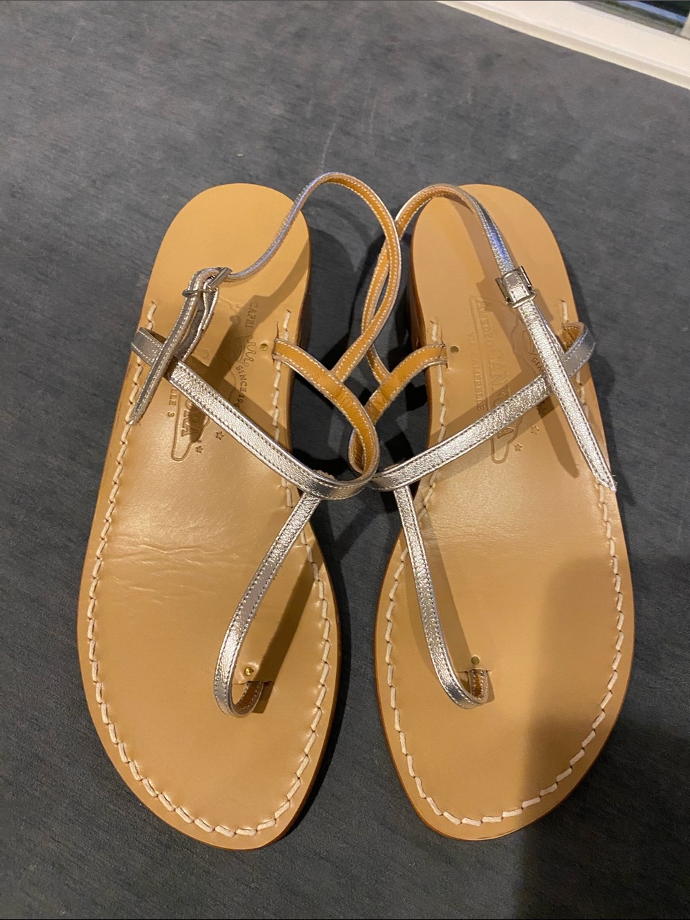 Silver Strap Leather Toe-Loop Sandals with Tan Footbed